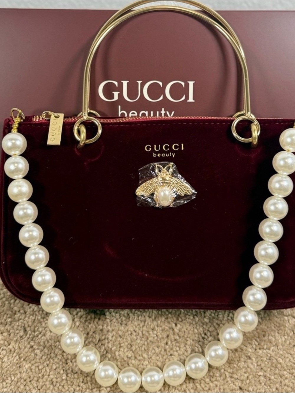 Gucci beauty dark red Velvet Beauty Bag GWP with added bee and metal handle